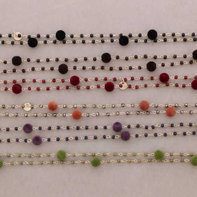 LONG NECKLACE FACETED CRYSTAL BEADS VELVET BEADS 120CM