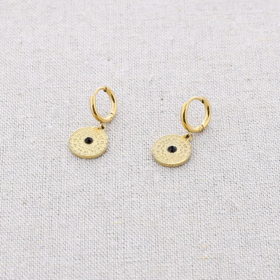 STEEL EARRINGS HANGING LITTLE CRYSTAL MEDAL
