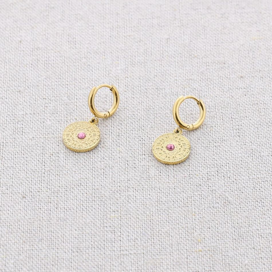 STEEL EARRINGS HANGING LITTLE CRYSTAL MEDAL