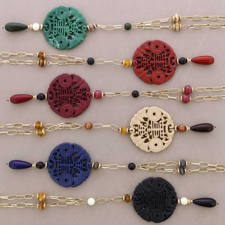 LONG METAL NECKLACE FILIGREE RESIN PENDANT MEDAL 2