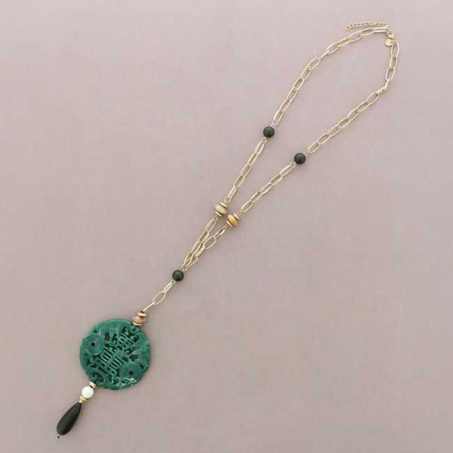 COLLAR LARGO METAL COLGANTE MEDALLA FILIGRANA RESINA