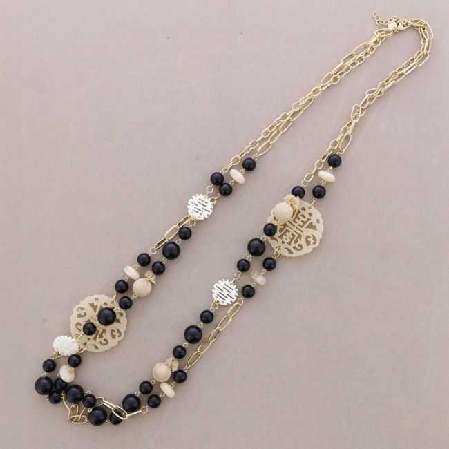LONG NECKLACE DOUBLE BEADS DOUBLE MEDAL FILIGREE RESIN