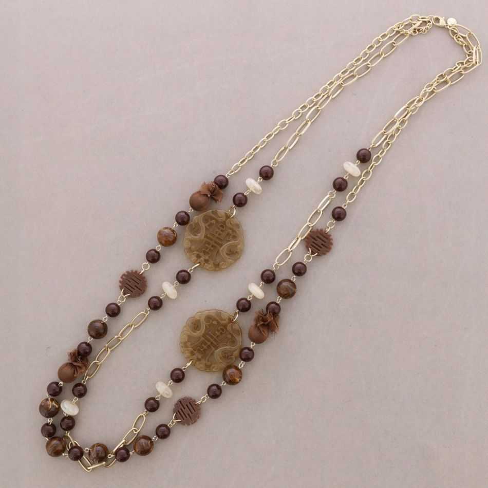 LONG NECKLACE DOUBLE BEADS DOUBLE MEDAL FILIGREE RESIN