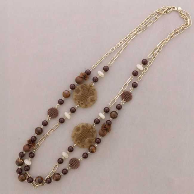 LONG NECKLACE DOUBLE BEADS DOUBLE MEDAL FILIGREE RESIN