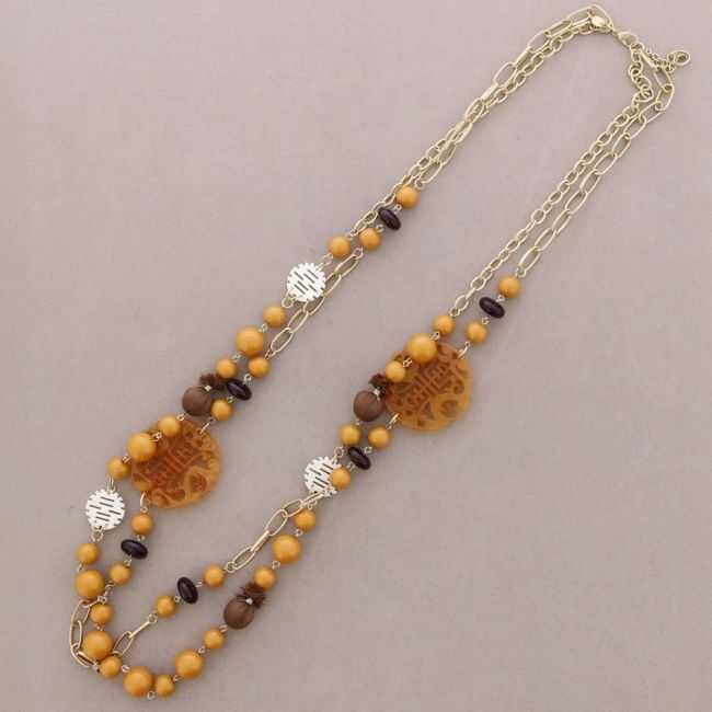 LONG NECKLACE DOUBLE BEADS DOUBLE MEDAL FILIGREE RESIN