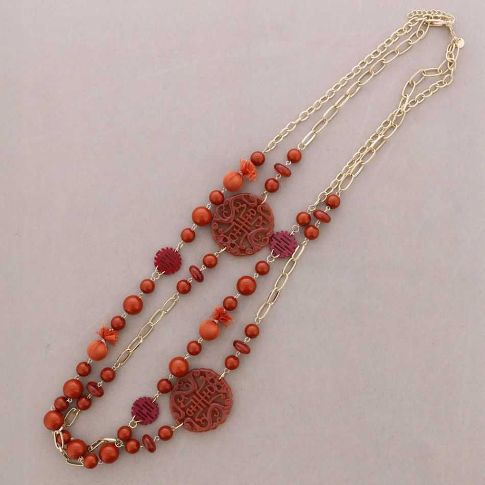 LONG NECKLACE DOUBLE BEADS DOUBLE MEDAL FILIGREE RESIN
