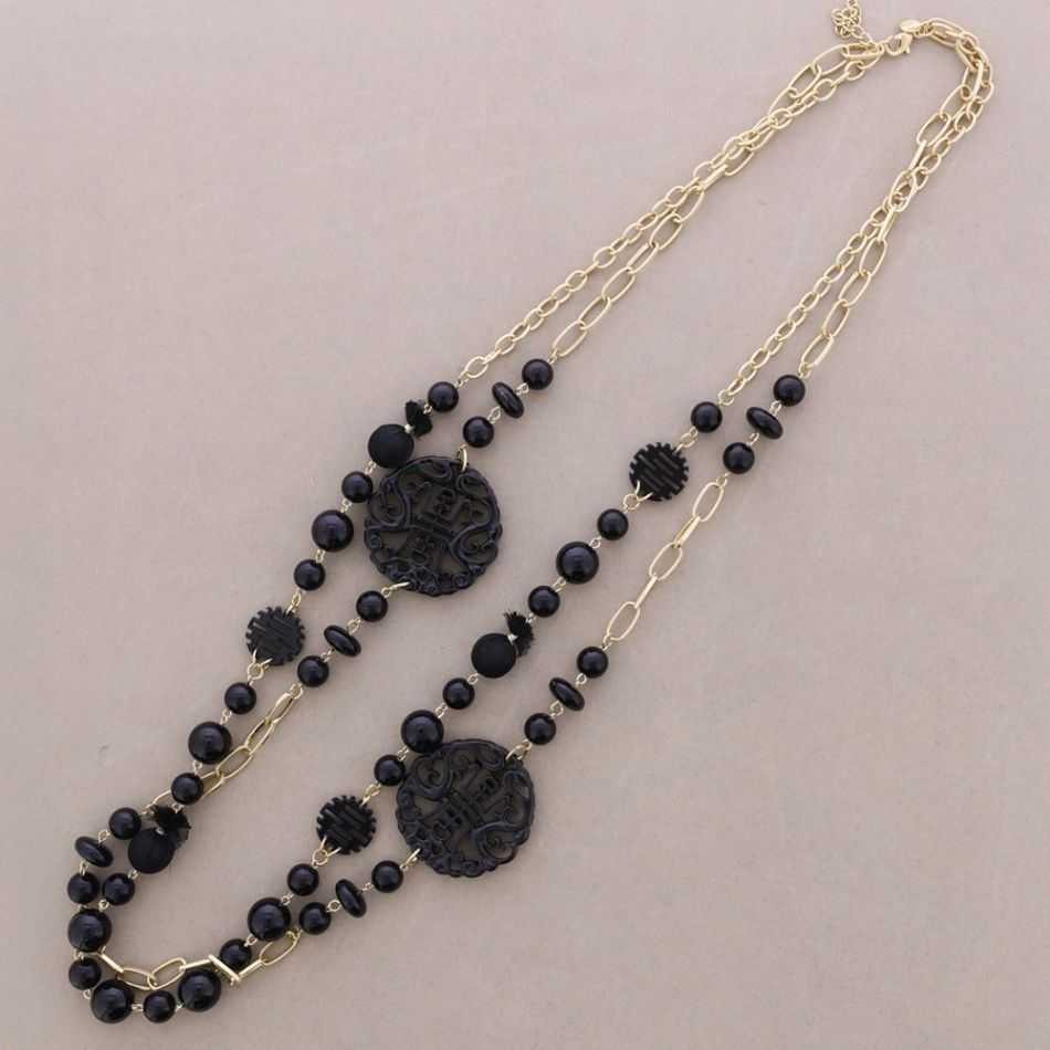 LONG NECKLACE DOUBLE BEADS DOUBLE MEDAL FILIGREE RESIN