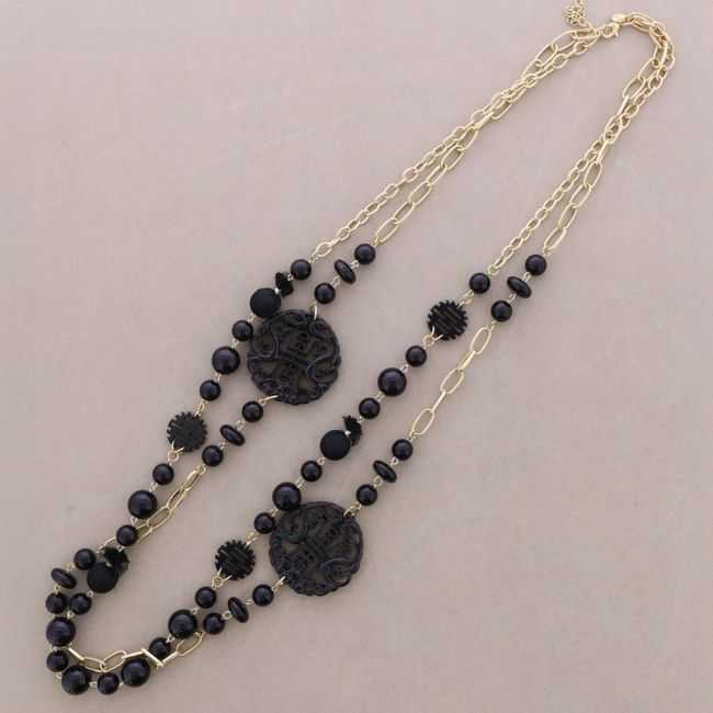 LONG NECKLACE DOUBLE BEADS DOUBLE MEDAL FILIGREE RESIN