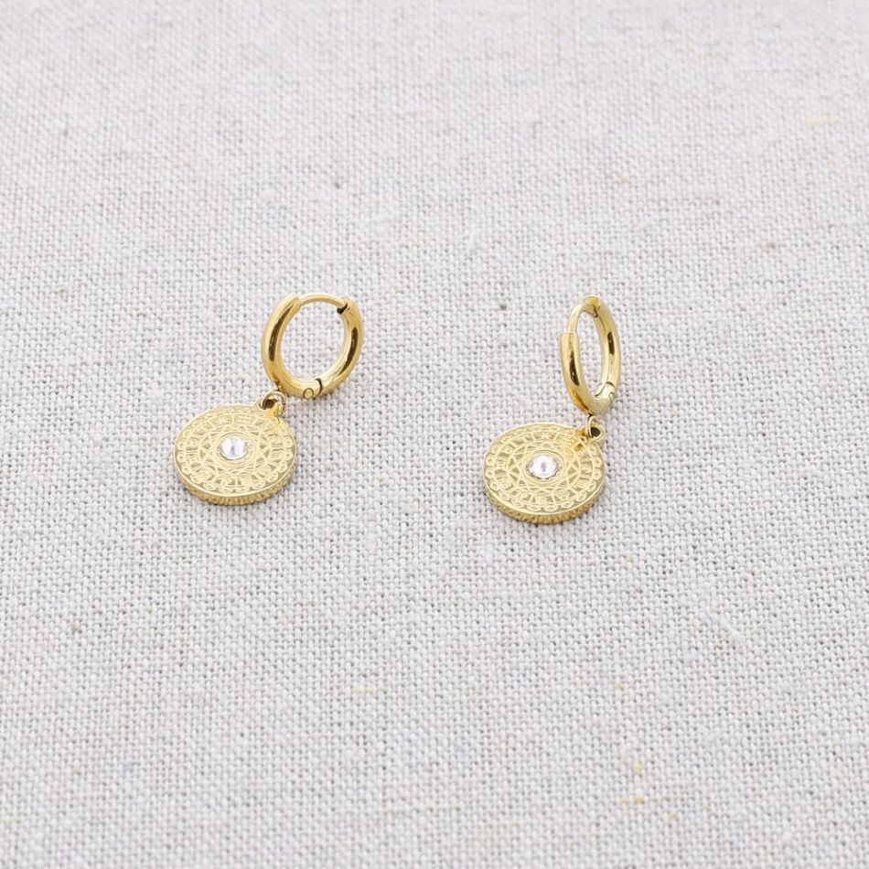 PENDIENTES ACERO COLGANTE MEDALLITA CRISTAL