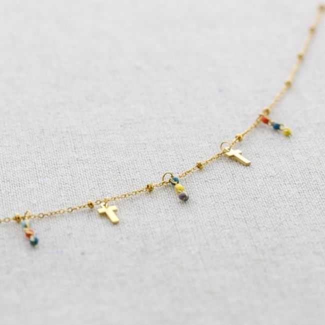 COLORFUL STEEL NECKLACE WITH CROSS CHARMS