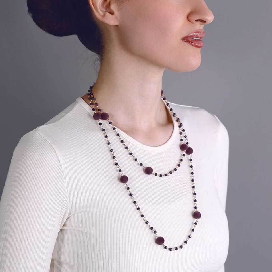 LONG NECKLACE FACETED CRYSTAL BEADS VELVET BEADS 120CM