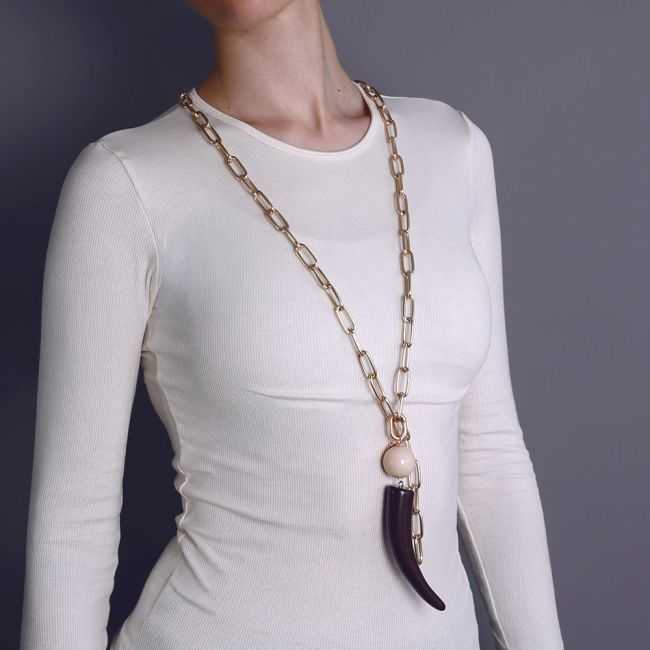 LONG METAL NECKLACE WITH LOBSTER CLASP AND RESIN HORN PENDANT