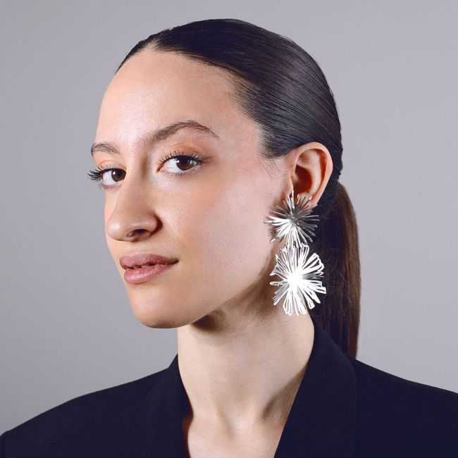 DOUBLE FLOWER SPARKLING STEEL EARRINGS