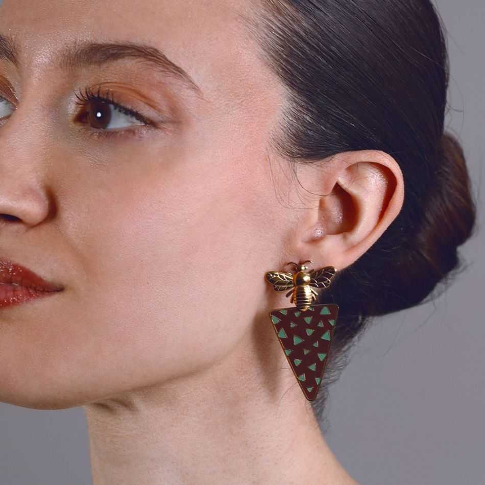 STEEL INSECT PENDANT EARRINGS TRIANGULAR ENAMEL