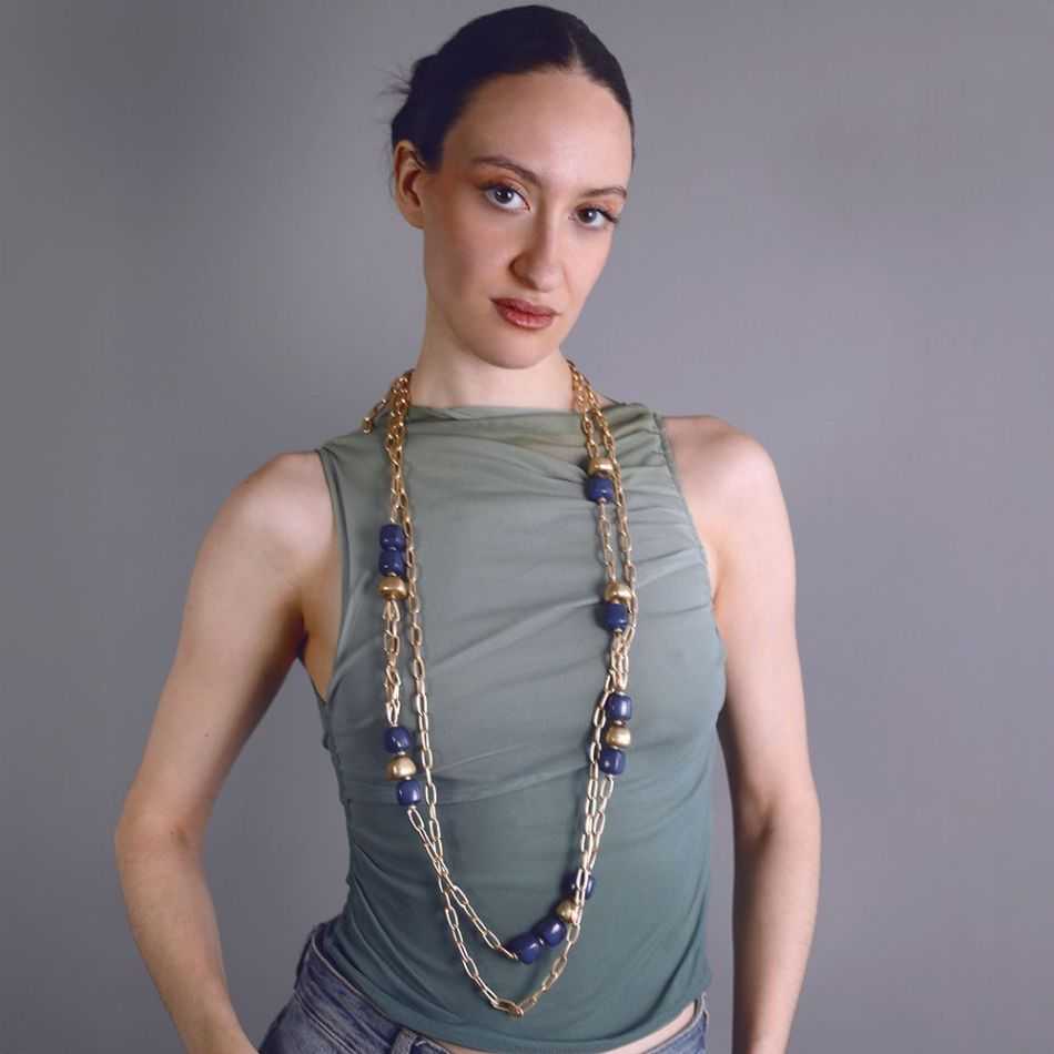 LONG DOUBLE LINK NECKLACE METAL RESIN BEADS