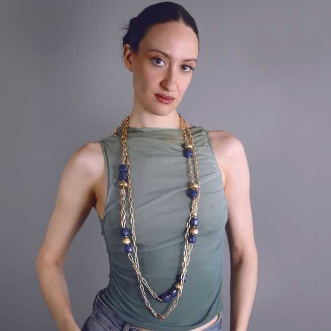 LONG DOUBLE LINK NECKLACE METAL RESIN BEADS