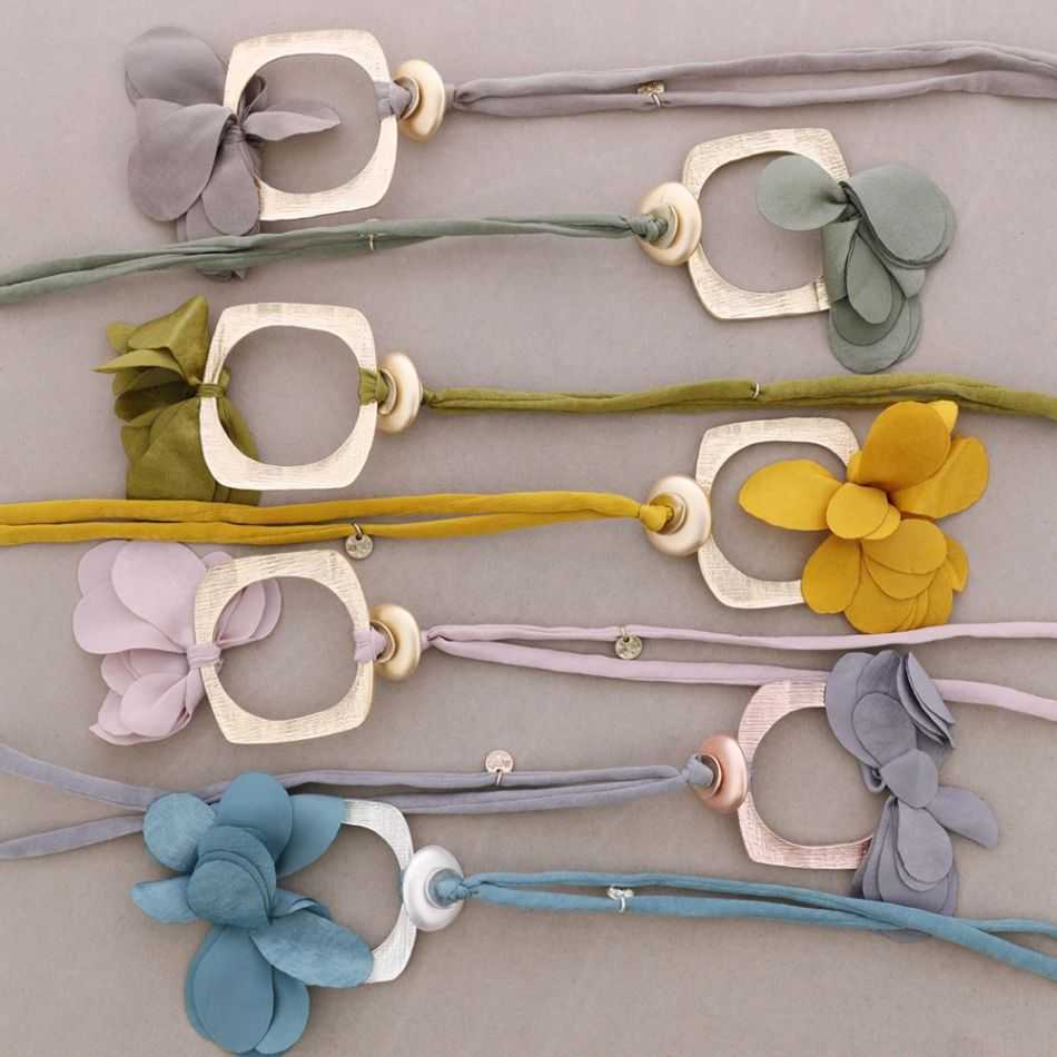 LONG NECKLACE METAL PENDANT FLOWER FABRIC