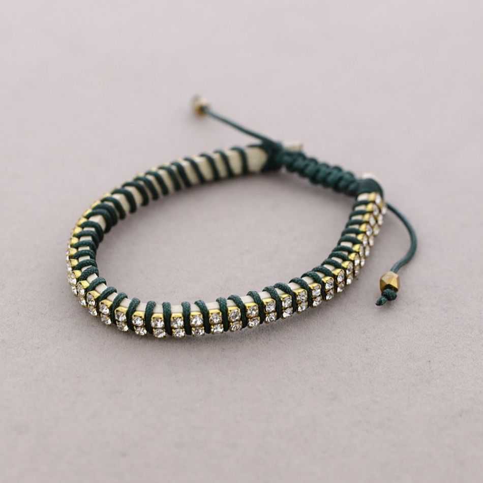 MACRAME LEATHER BRACELET WITH DOUBLE ROW OF CRYSTALS