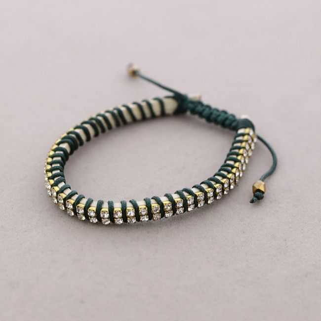 MACRAME LEATHER BRACELET WITH DOUBLE ROW OF CRYSTALS