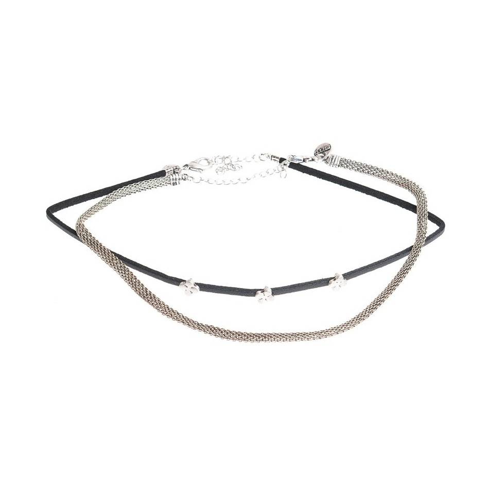 CHOKER SET 2 PIECES METAL LEATHER CHAIN