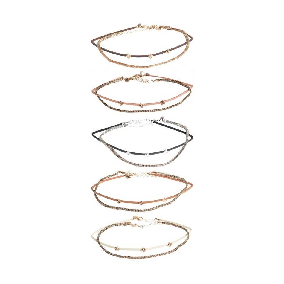 CHOKER SET 2 PIECES METAL LEATHER CHAIN