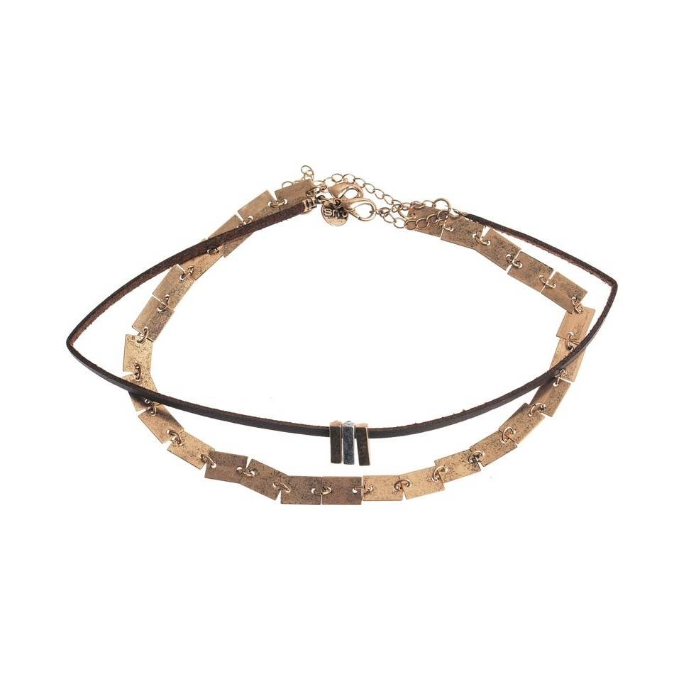 CHOKER SET 2 PIECES METAL LEATHER CHAIN