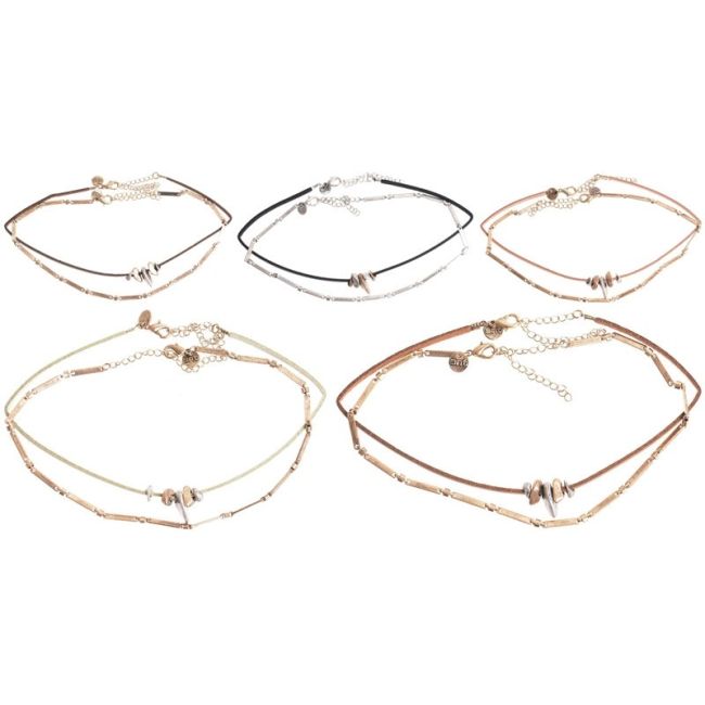 CHOKER SET 2 PIECES METAL LEATHER CHAIN