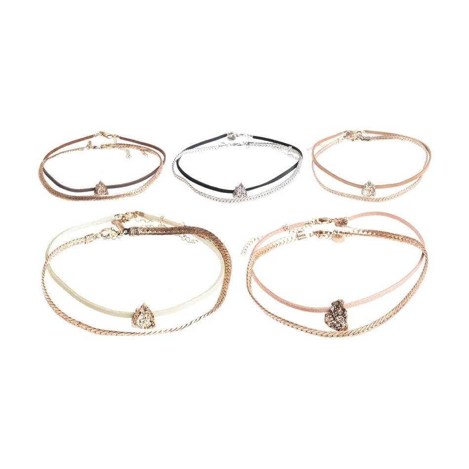 CHOKER SET 2 PIECES METAL LEATHER CHAIN