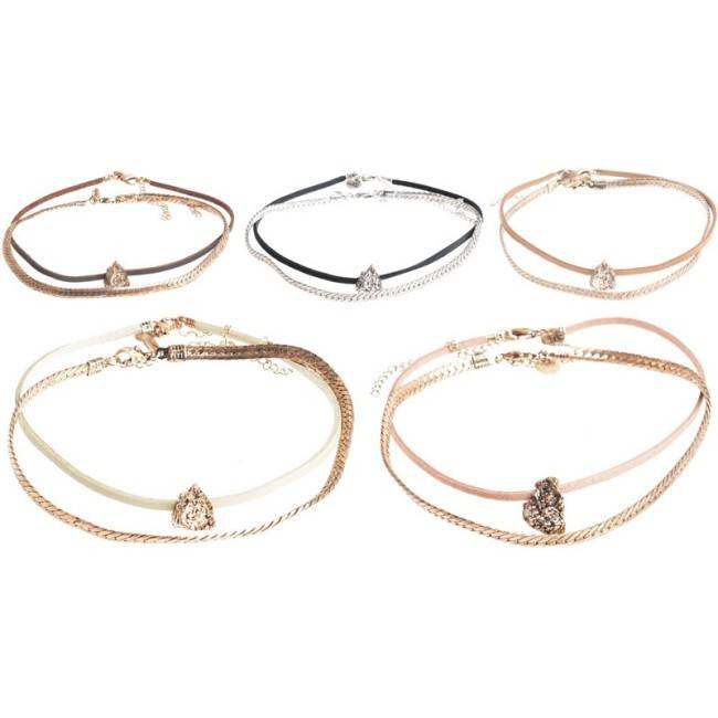 CHOKER SET 2 PIECES METAL LEATHER CHAIN