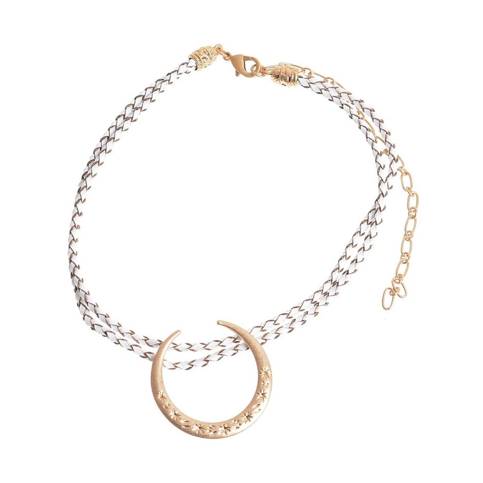 METAL HALF MOON DOUBLE BRAIDED LEATHER CHOKER