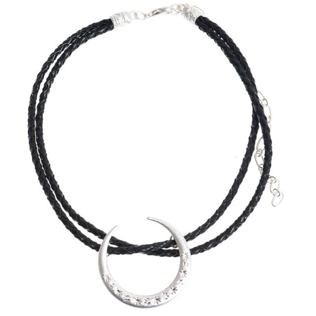 METAL HALF MOON DOUBLE BRAIDED LEATHER CHOKER