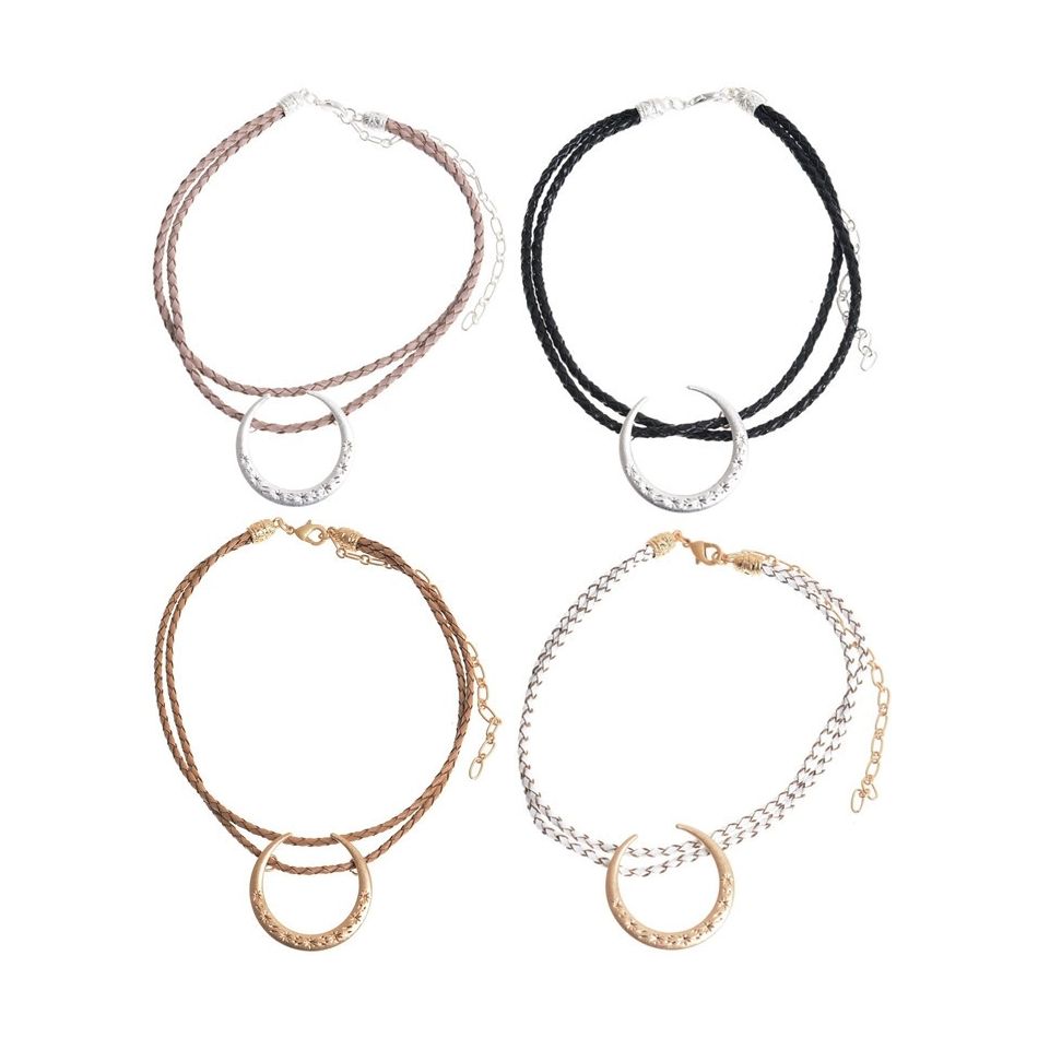 METAL HALF MOON DOUBLE BRAIDED LEATHER CHOKER