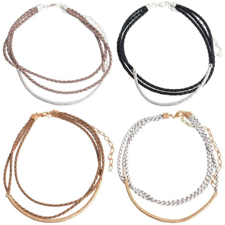 TRIPLE METAL BRAIDED LEATHER CHOKER 2