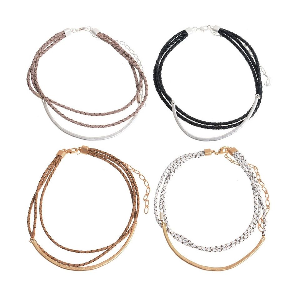 CHOKER TRIPLE CUERO TRENZADO METAL