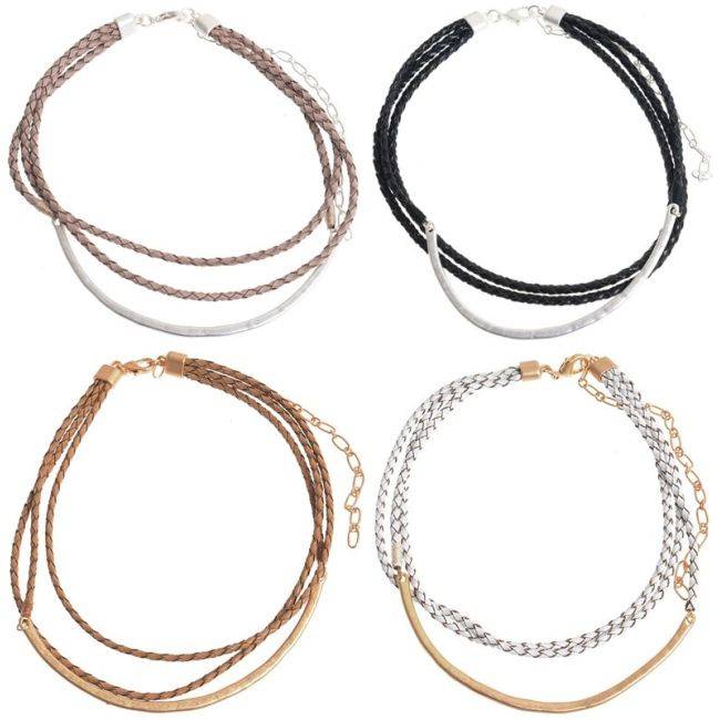 TRIPLE METAL BRAIDED LEATHER CHOKER