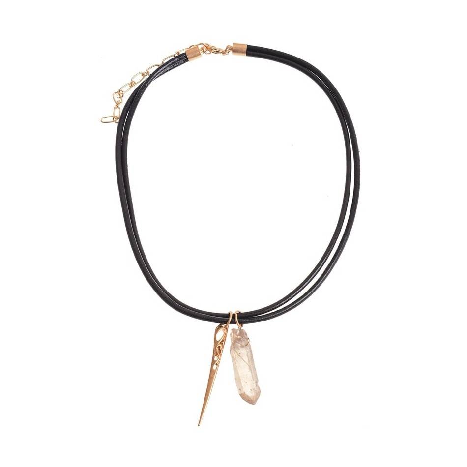 DOUBLE LEATHER CHOKER WITH STONE METAL DETAIL
