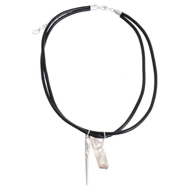 DOUBLE LEATHER CHOKER WITH STONE METAL DETAIL