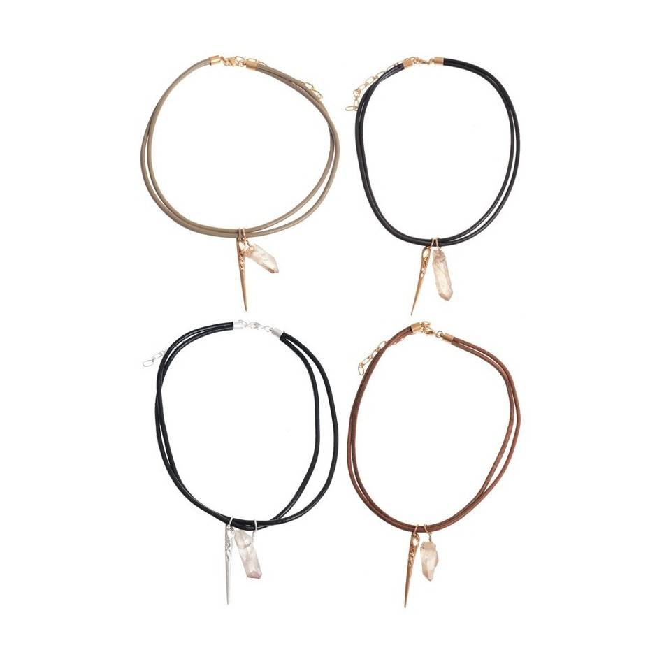 DOUBLE LEATHER CHOKER WITH STONE METAL DETAIL