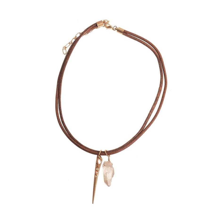 DOUBLE LEATHER CHOKER WITH STONE METAL DETAIL