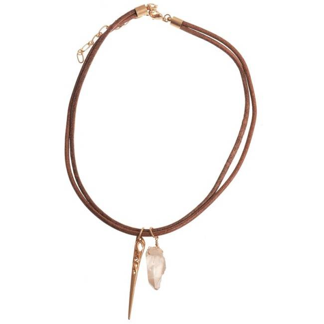 DOUBLE LEATHER CHOKER WITH STONE METAL DETAIL