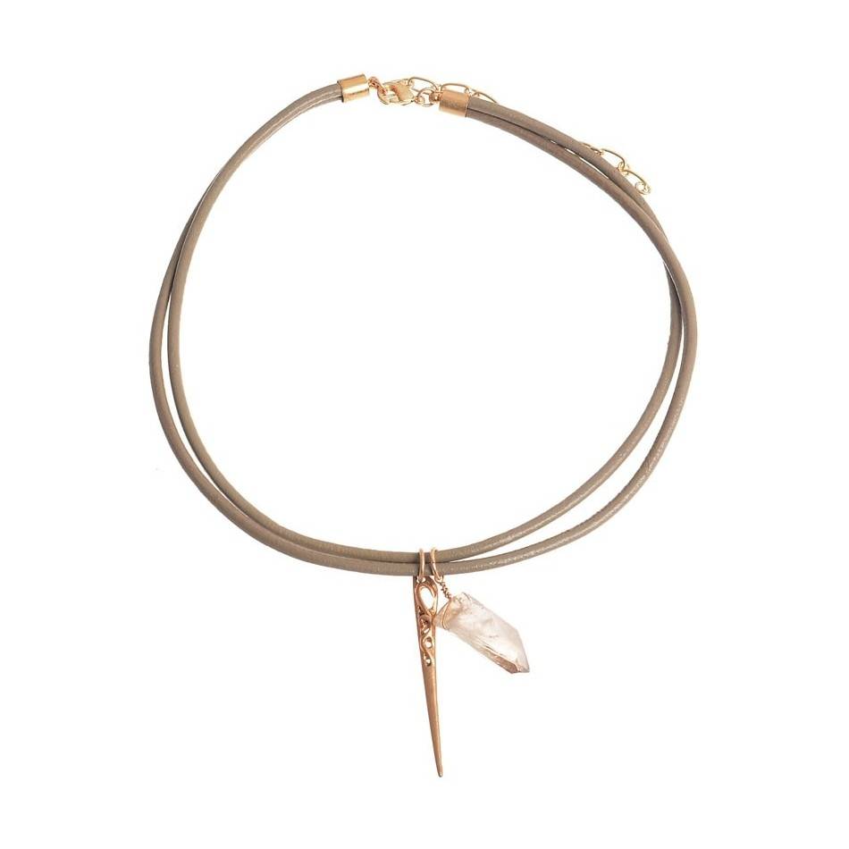 DOUBLE LEATHER CHOKER WITH STONE METAL DETAIL