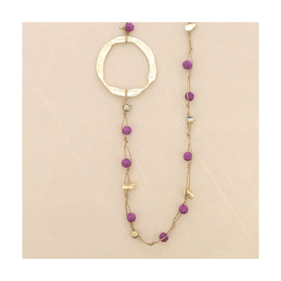 LONG NECKLACE BRAIDED LAVA BEADS WITH METAL RING