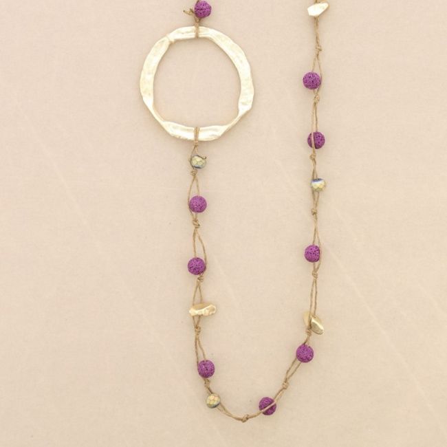 LONG NECKLACE BRAIDED LAVA BEADS WITH METAL RING