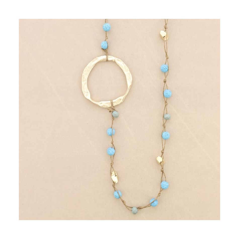 LONG NECKLACE BRAIDED LAVA BEADS WITH METAL RING