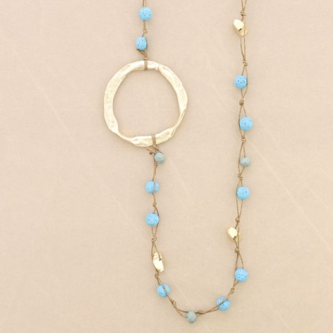 LONG NECKLACE BRAIDED LAVA BEADS WITH METAL RING