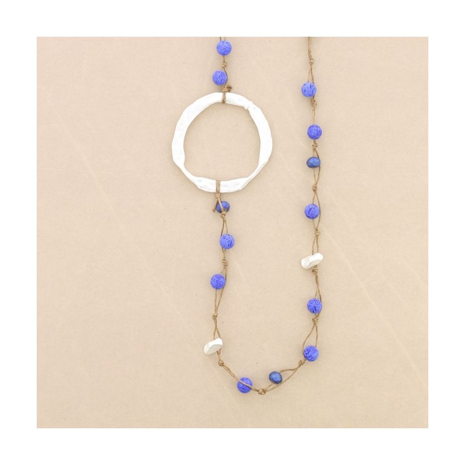 LONG NECKLACE BRAIDED LAVA BEADS WITH METAL RING