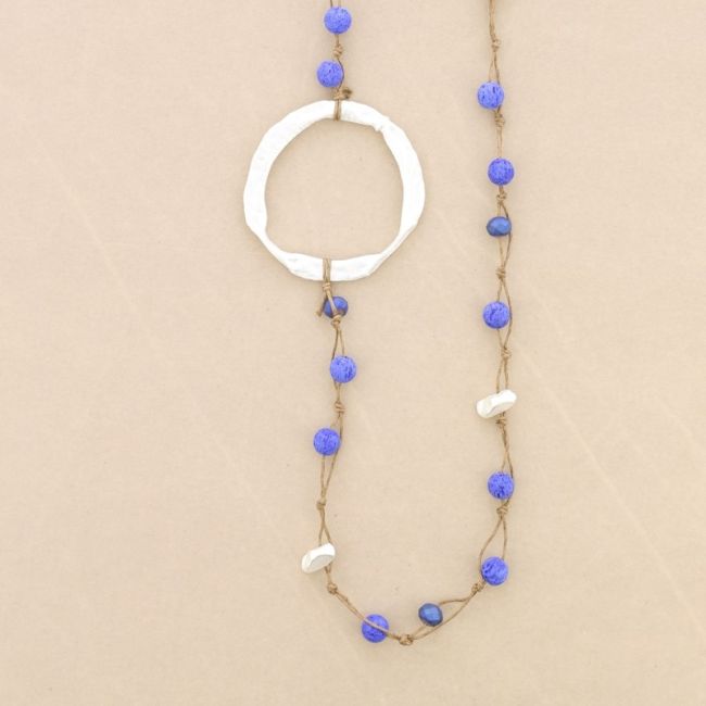LONG NECKLACE BRAIDED LAVA BEADS WITH METAL RING