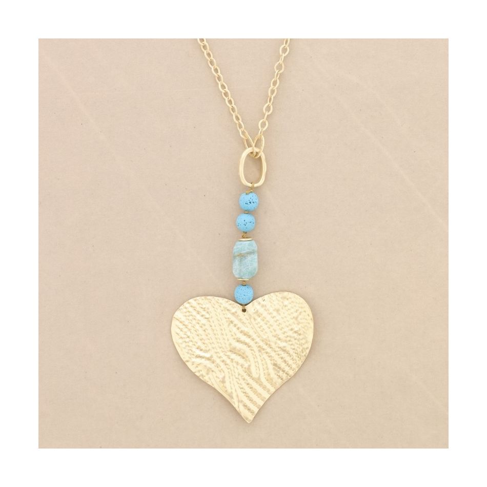 METAL HEART STONE PENDANT CHAIN LONG NECKLACE