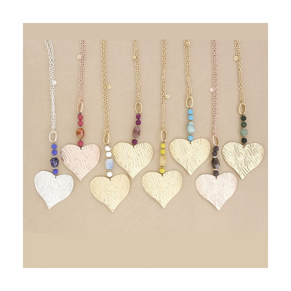 METAL HEART STONE PENDANT CHAIN LONG NECKLACE