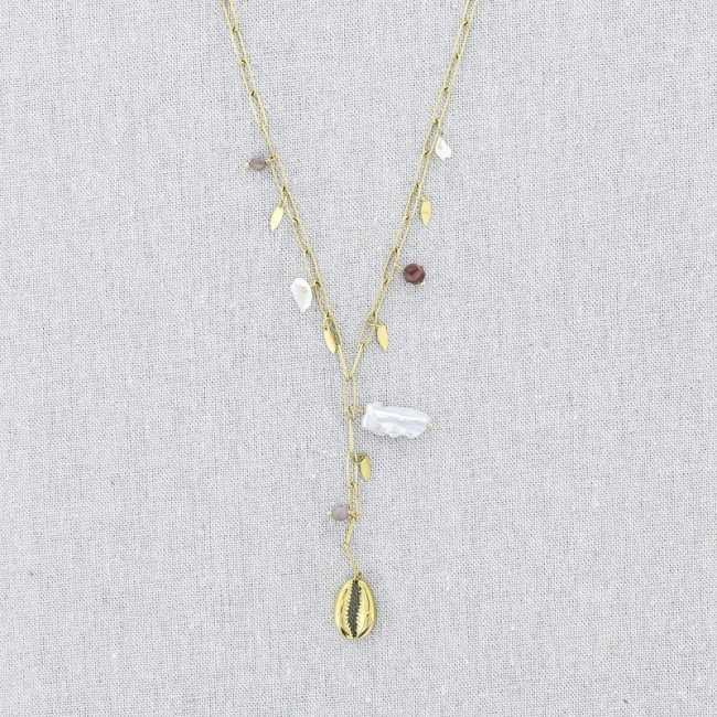 COLLAR ACERO CADENA COLGANTE CONCHA PERLAS 51CM